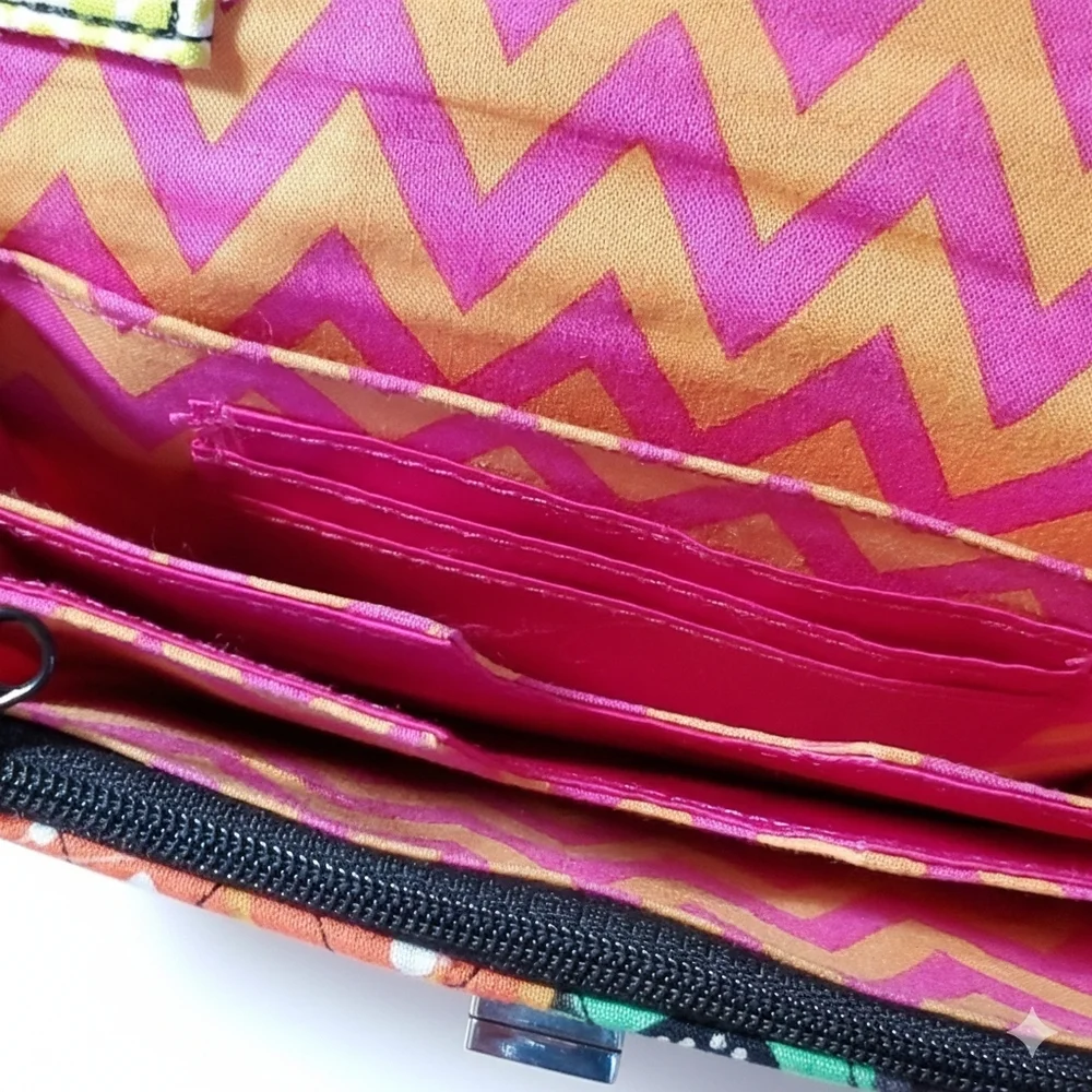 Vera Bradley Wristlet Wallet Pouch Floral Cotton Quilted Pink Grey Orange Strap - Picture 5 of 8